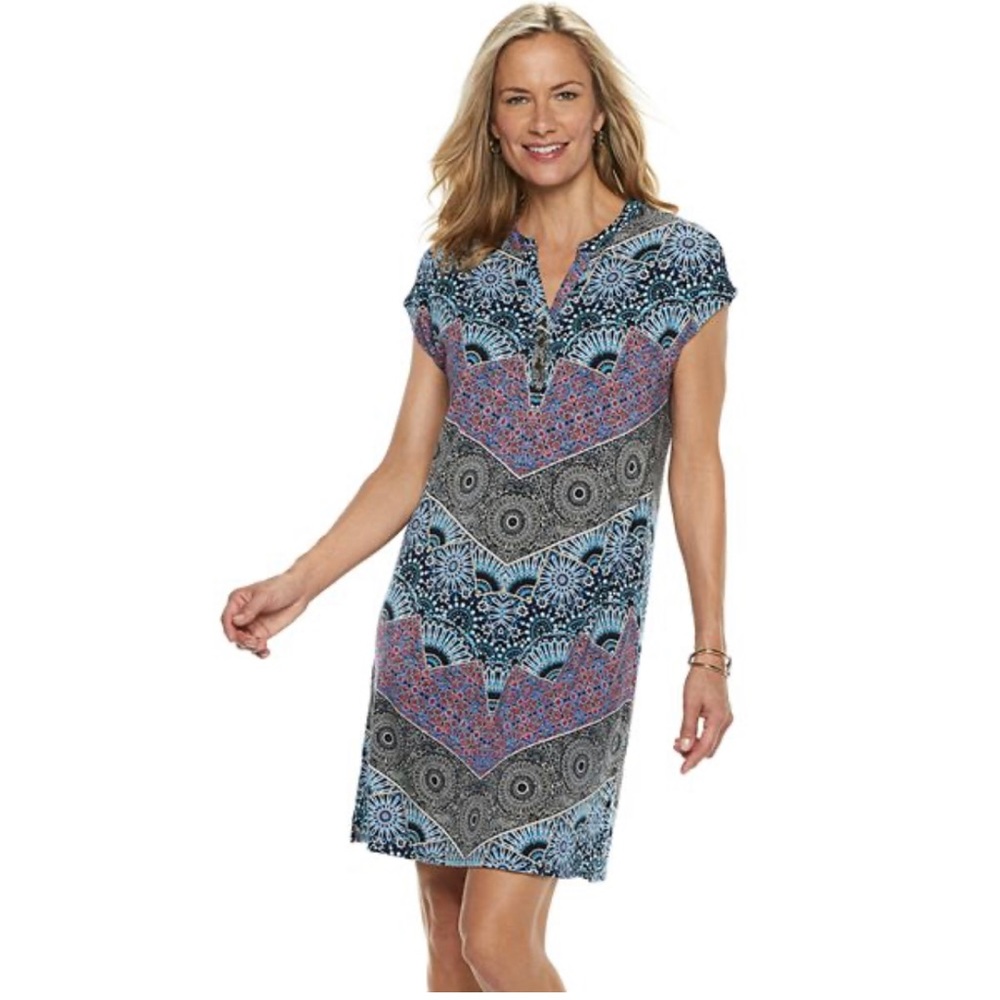 DANA BUCHMAN Dress Print Shift Black Red V-Neck Button Stretch XL